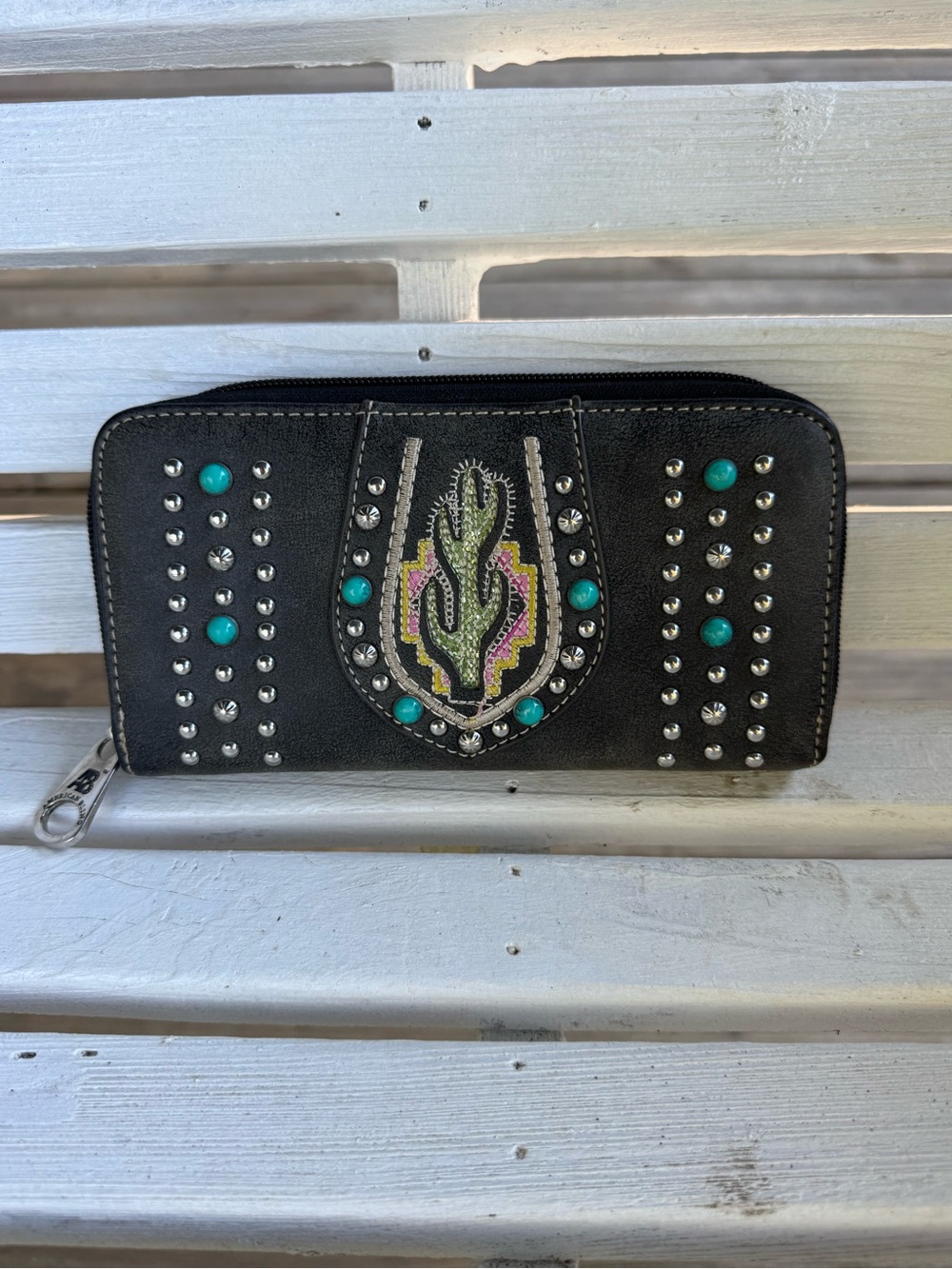 American Bling Studded Tote shiny Cactus Embroidery wallet 7.75x1.25x4.75”
